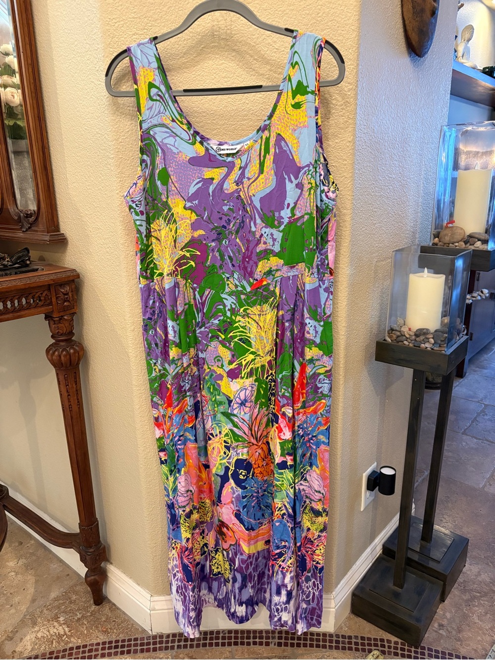 Jams World Women Colorful Floral Hawaiian Maxi Dress w/ Pockets Size XL